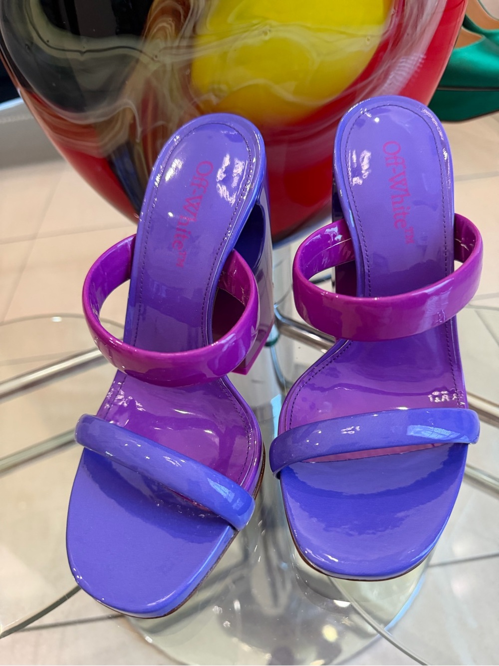 Off-White Purple Patent Two-Strip Slide Sandals